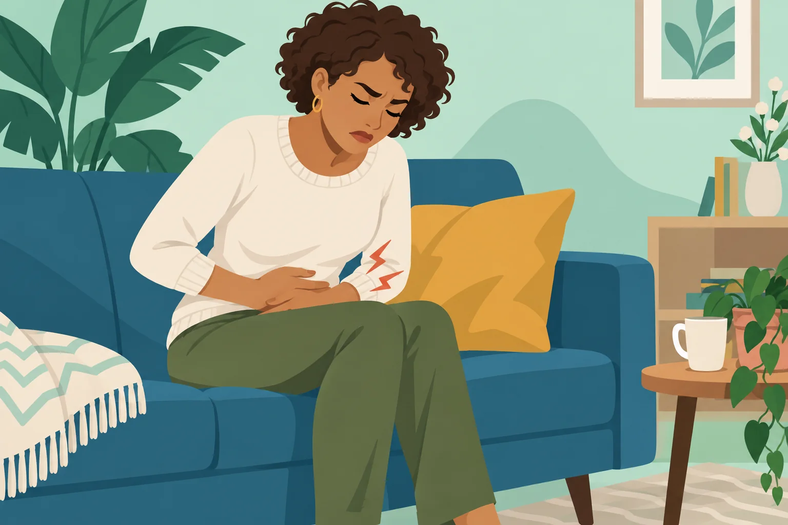 Illustration of a woman holding one side of her painful abdomen.