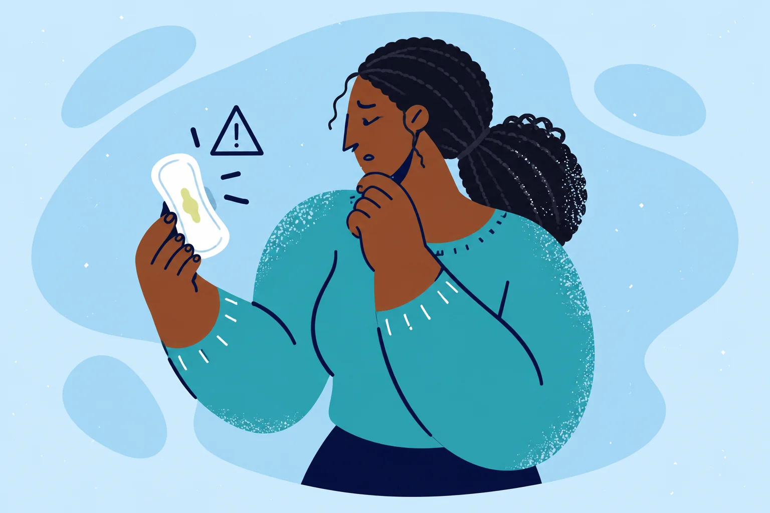Illustration of a woman looking at a sanitary pad with concern.