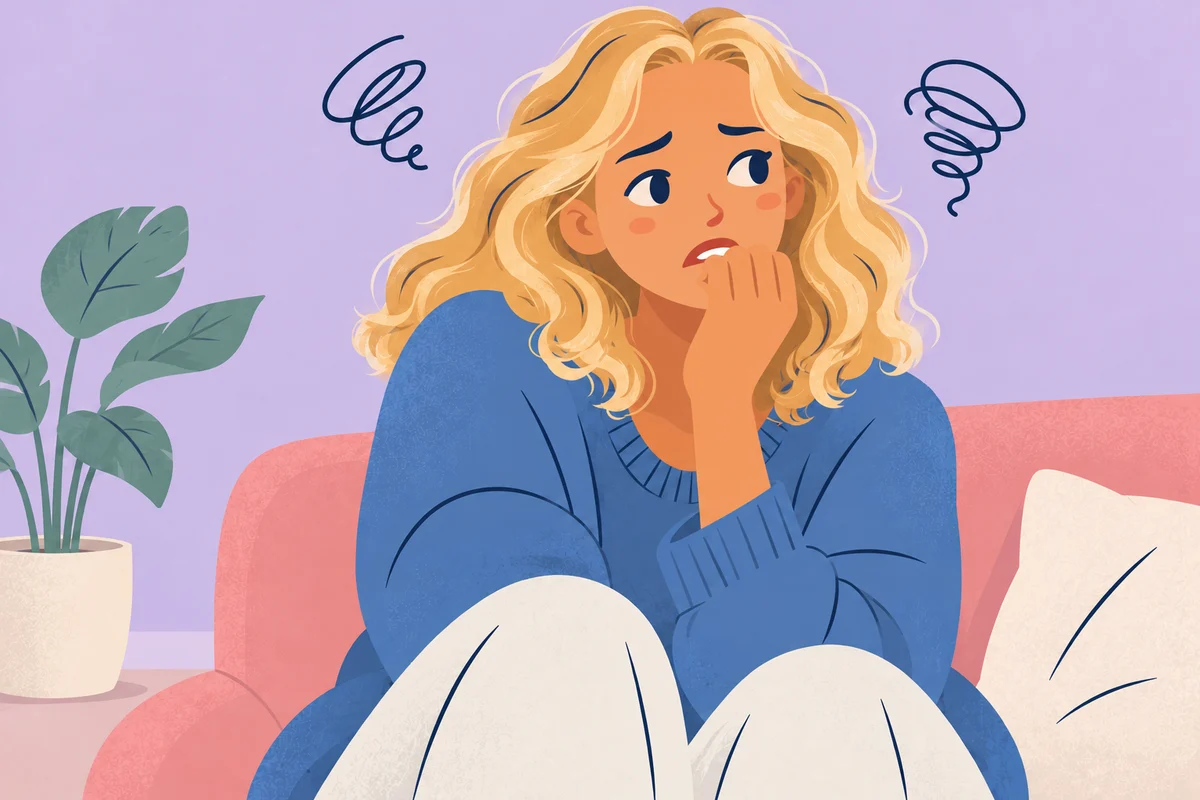A woman sitting with an anxious expression