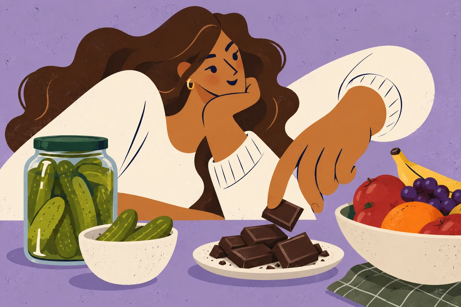 Illustration of a woman thinking about a variety of foods.