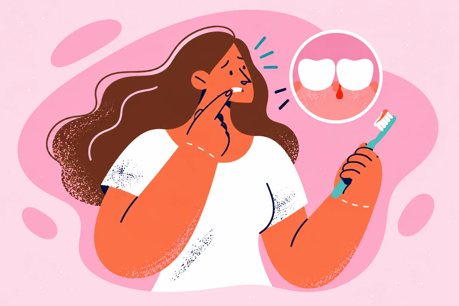 Illustration of a woman noticing gum bleeding while brushing her teeth.