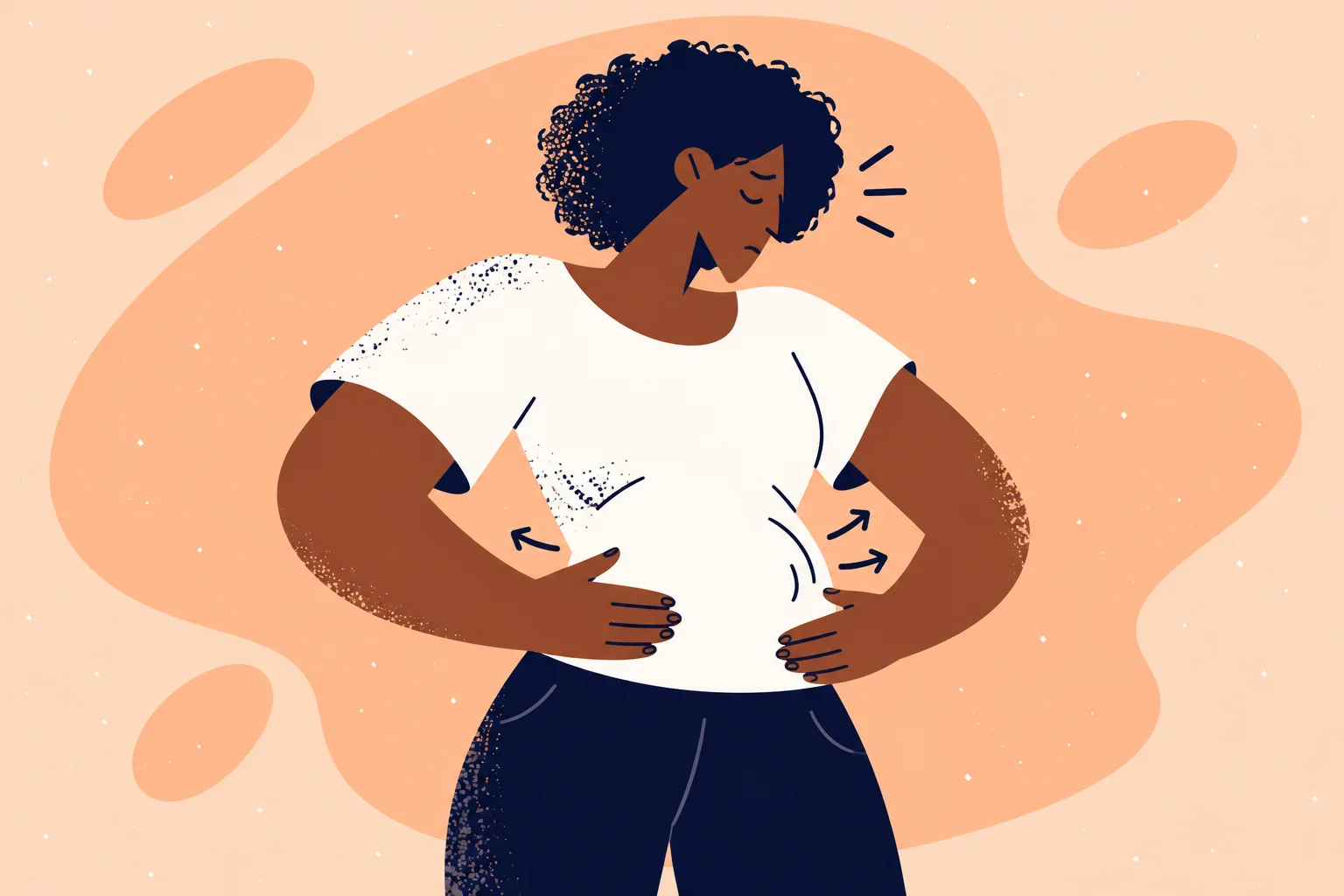 Illustration of a woman holding a bloated abdomen.