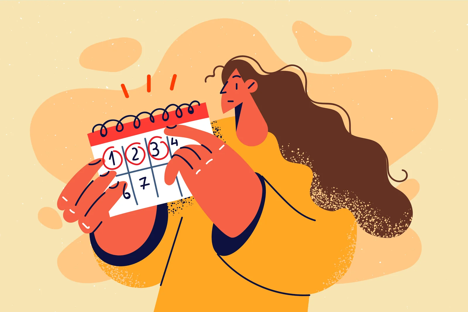 Illustration of a woman counting dates on a calendar.