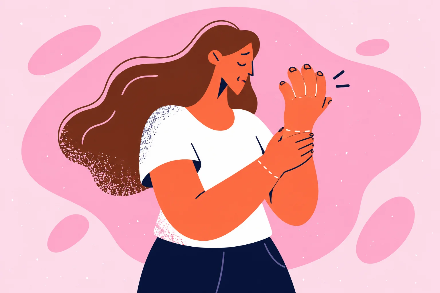 Illustration of a woman holding a sore or tingling hand.