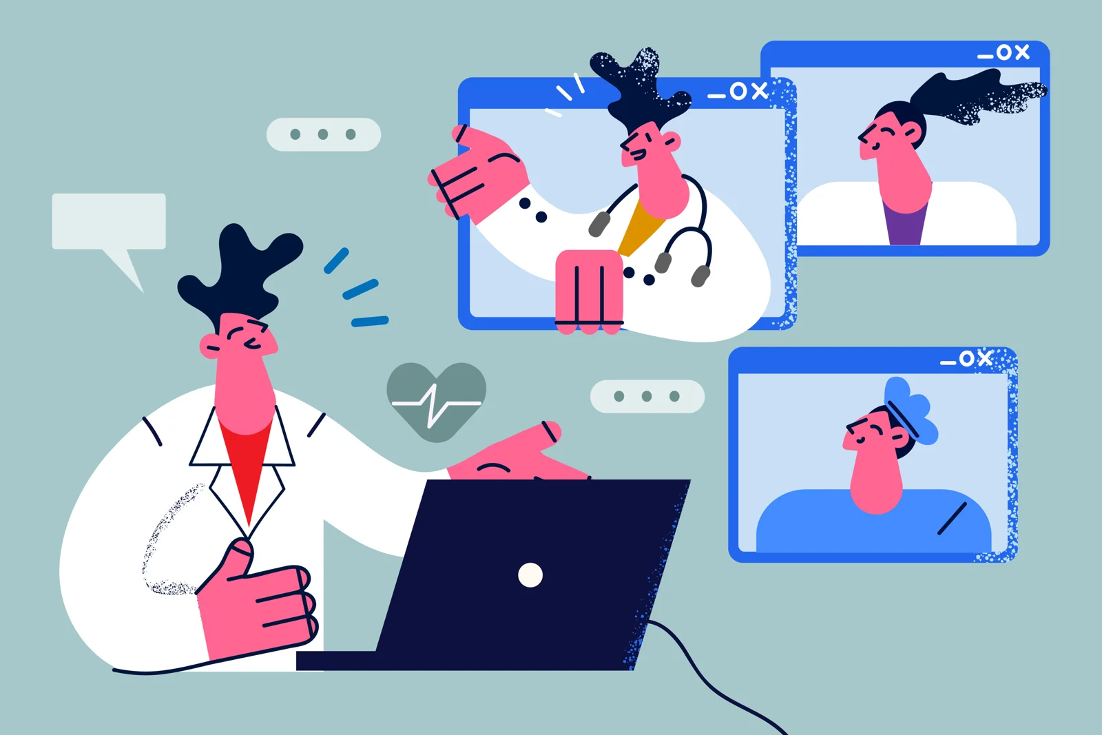 Illustration of clinicians sharing care information through a video consultation.
