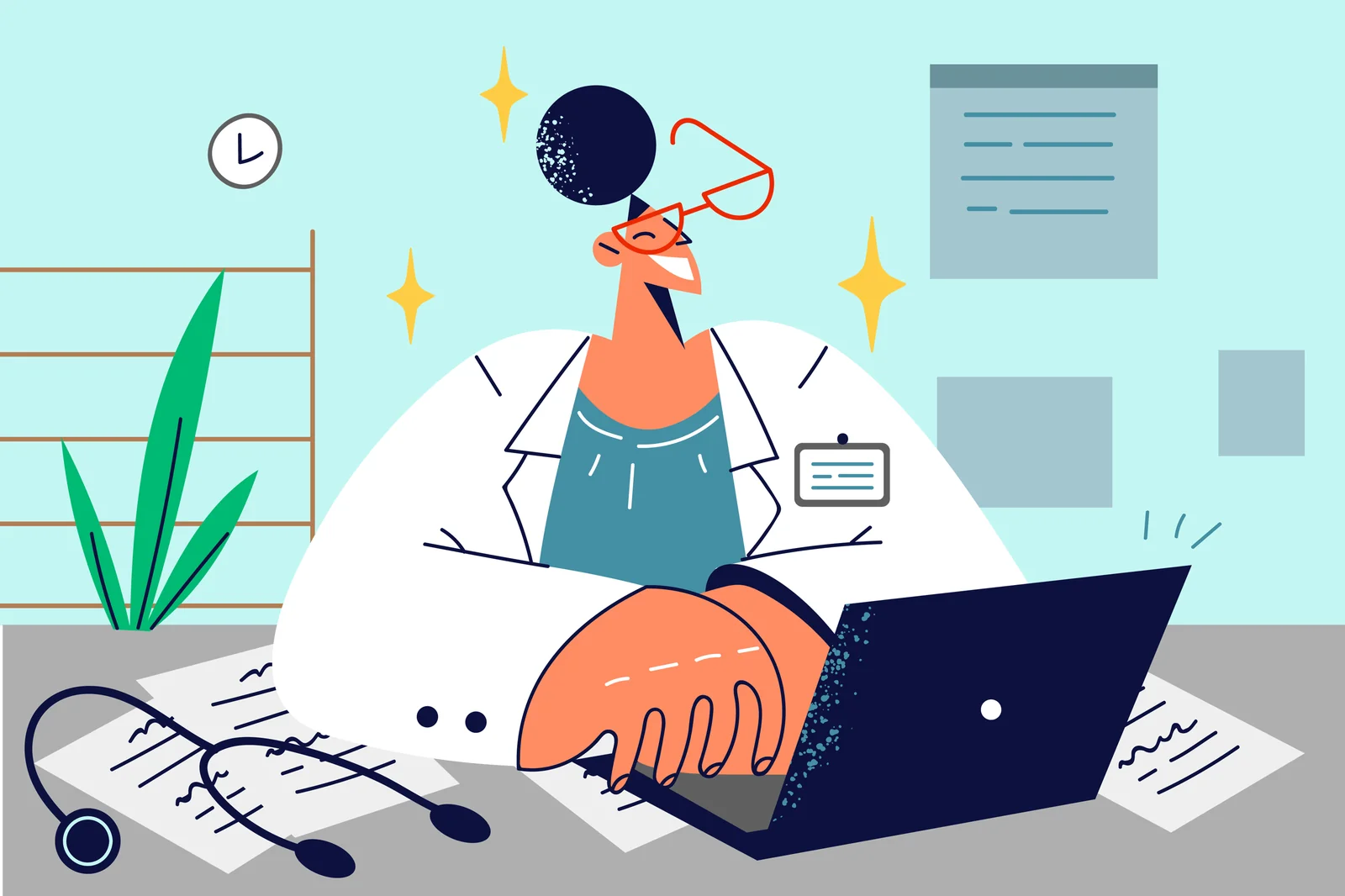 Illustration of a doctor at a desk with a laptop and stethoscope.