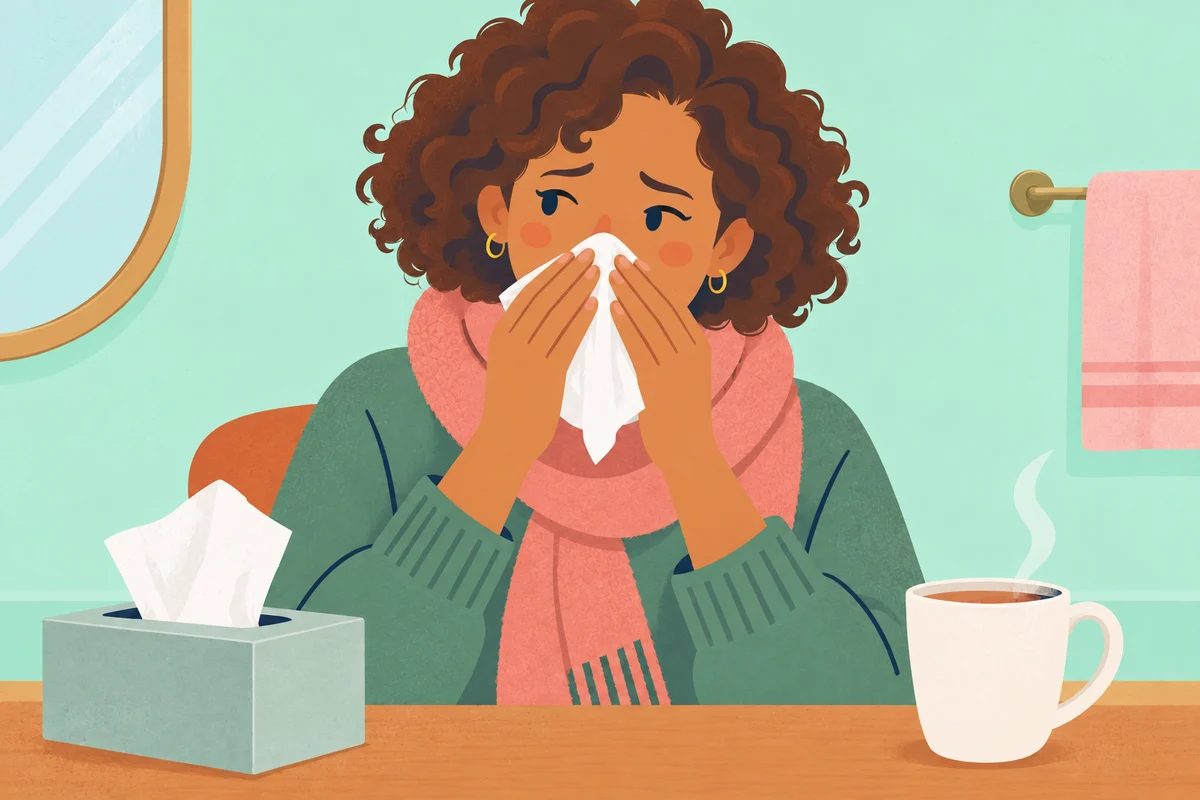 A woman holding a tissue to her nose