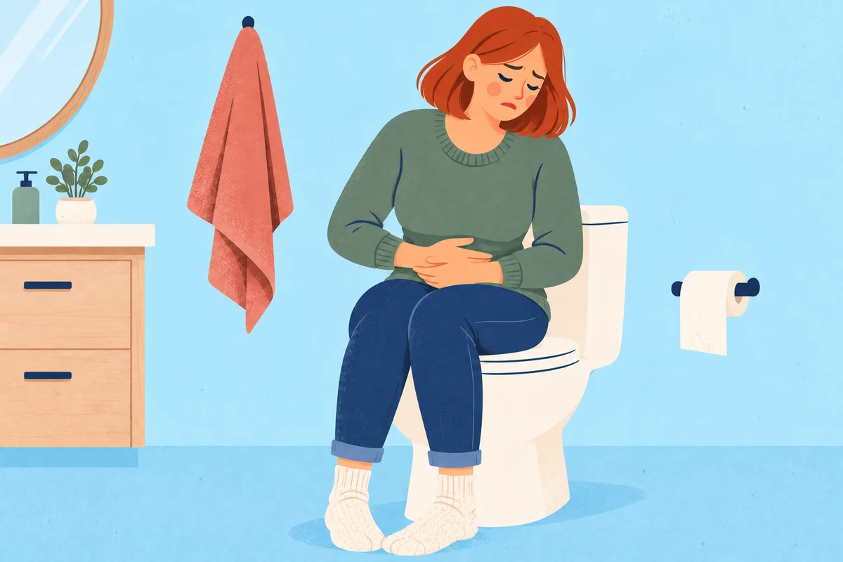 A woman experiencing discomfort while sitting on the toilet