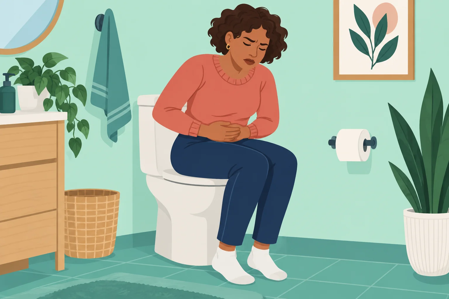 Illustration of a woman sitting on a toilet with constipation discomfort.