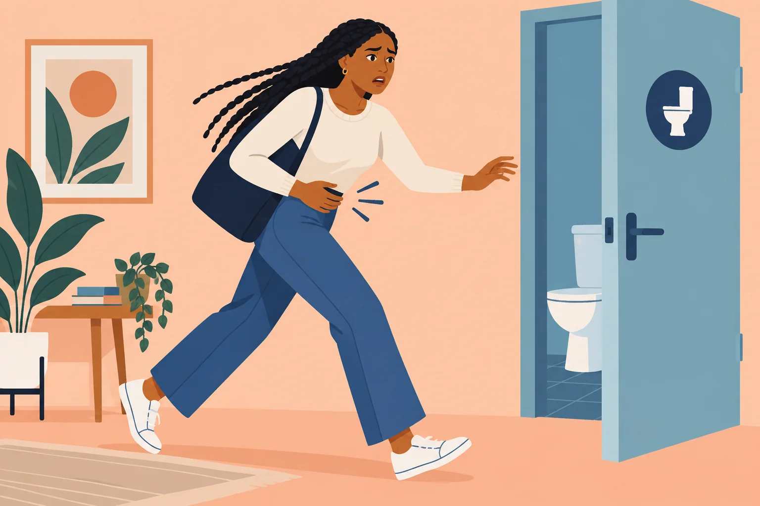 Illustration of a woman hurrying toward a bathroom.