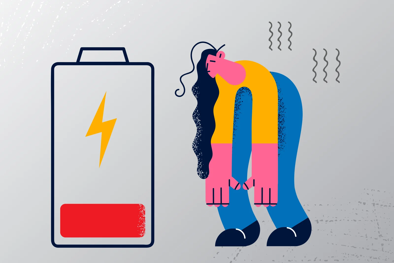 Illustration of a woman feeling weak beside a low battery symbol.