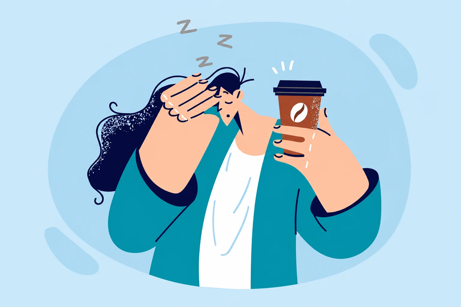 Illustration of a tired woman resting her head beside a cup.