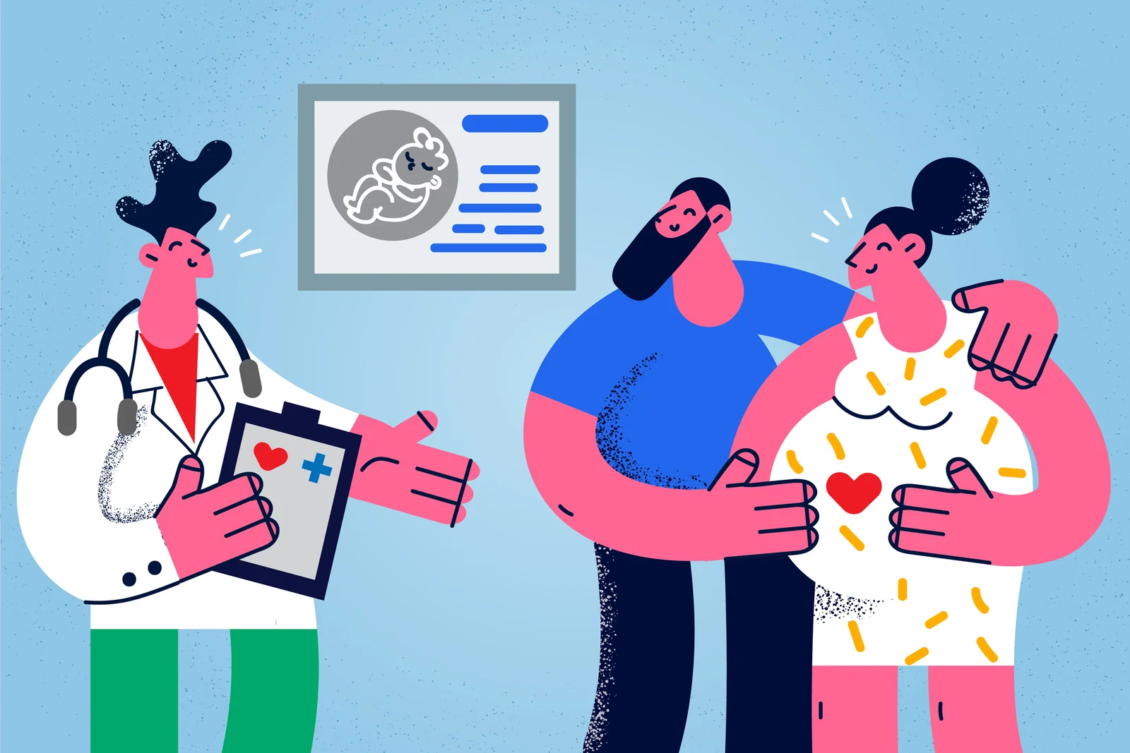 Illustration of expectant parents talking with a doctor.