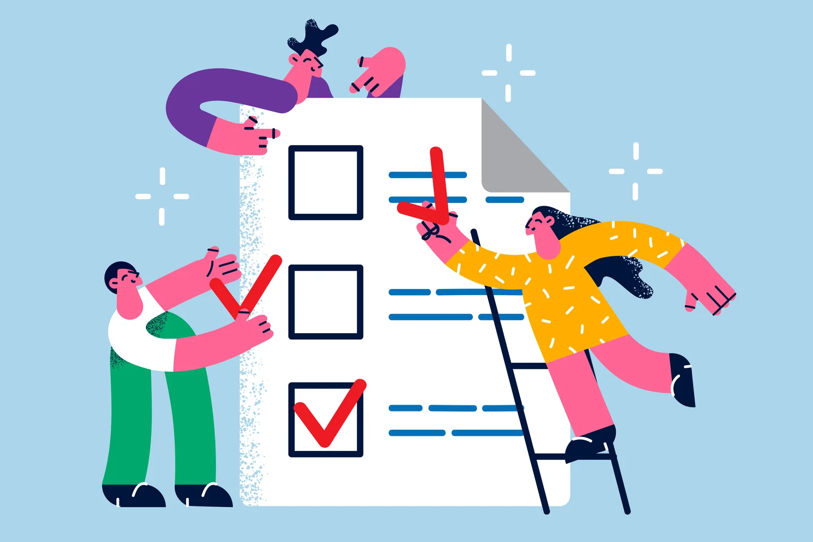 Illustration of two people reviewing a large checklist.