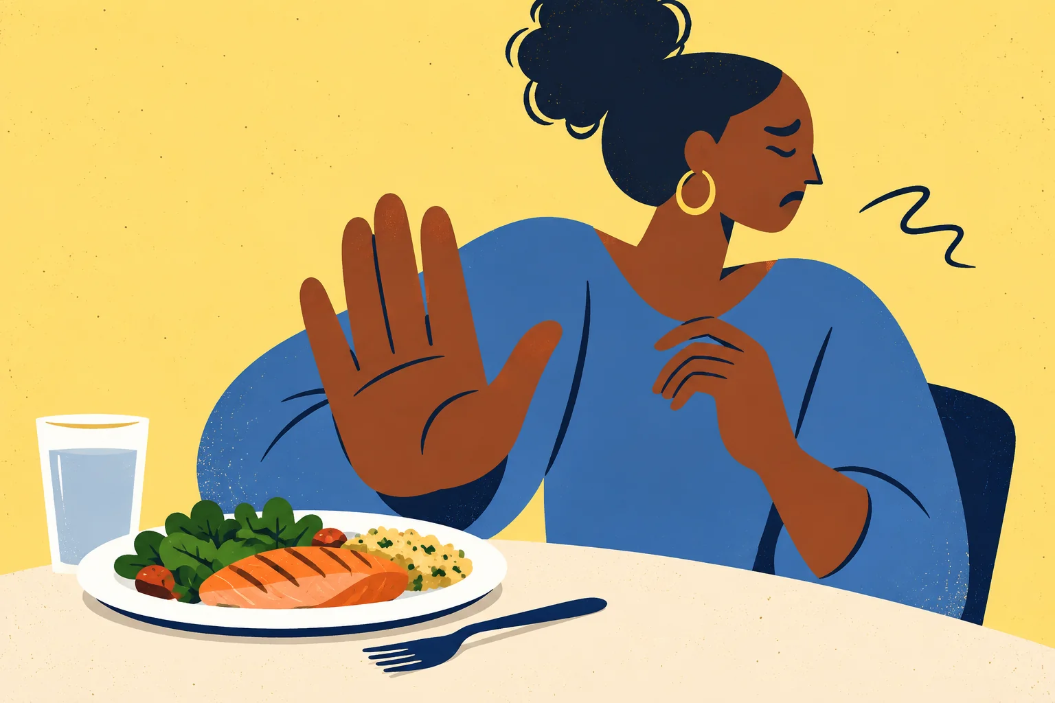 Illustration of a woman turning away from food that makes her feel unwell.