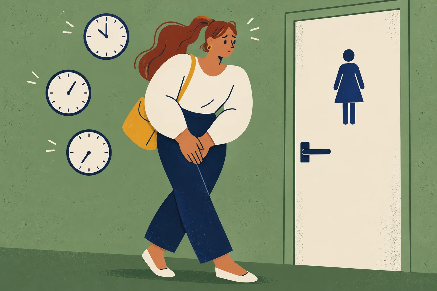 Illustration of a woman urgently needing the bathroom.