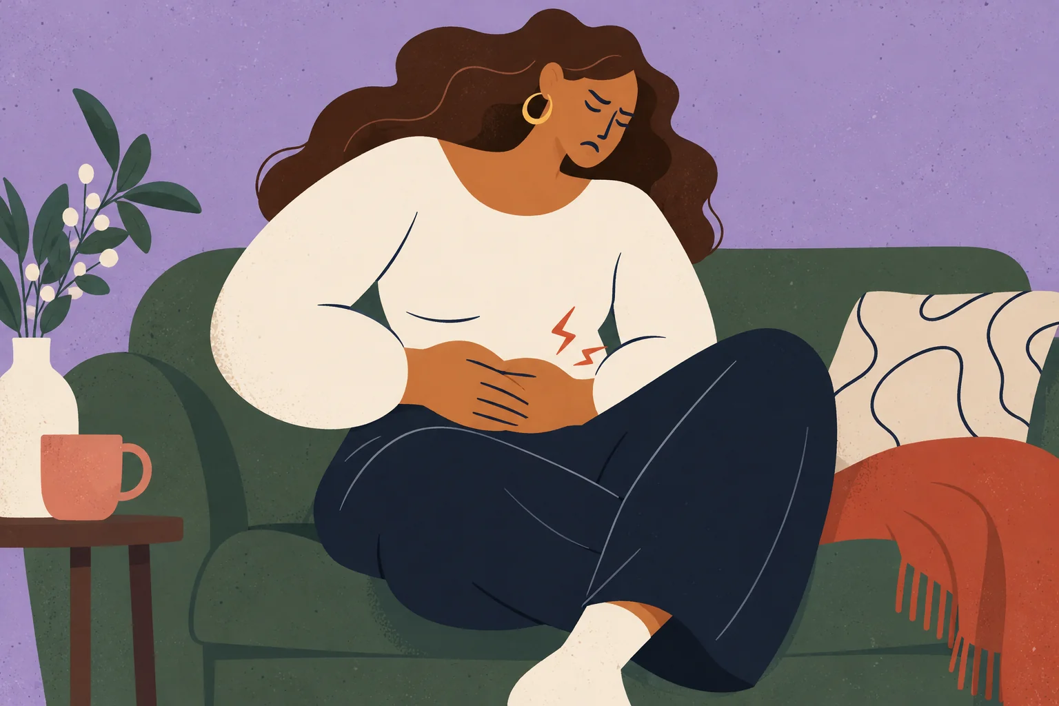 Illustration of a woman holding her abdomen because of discomfort.