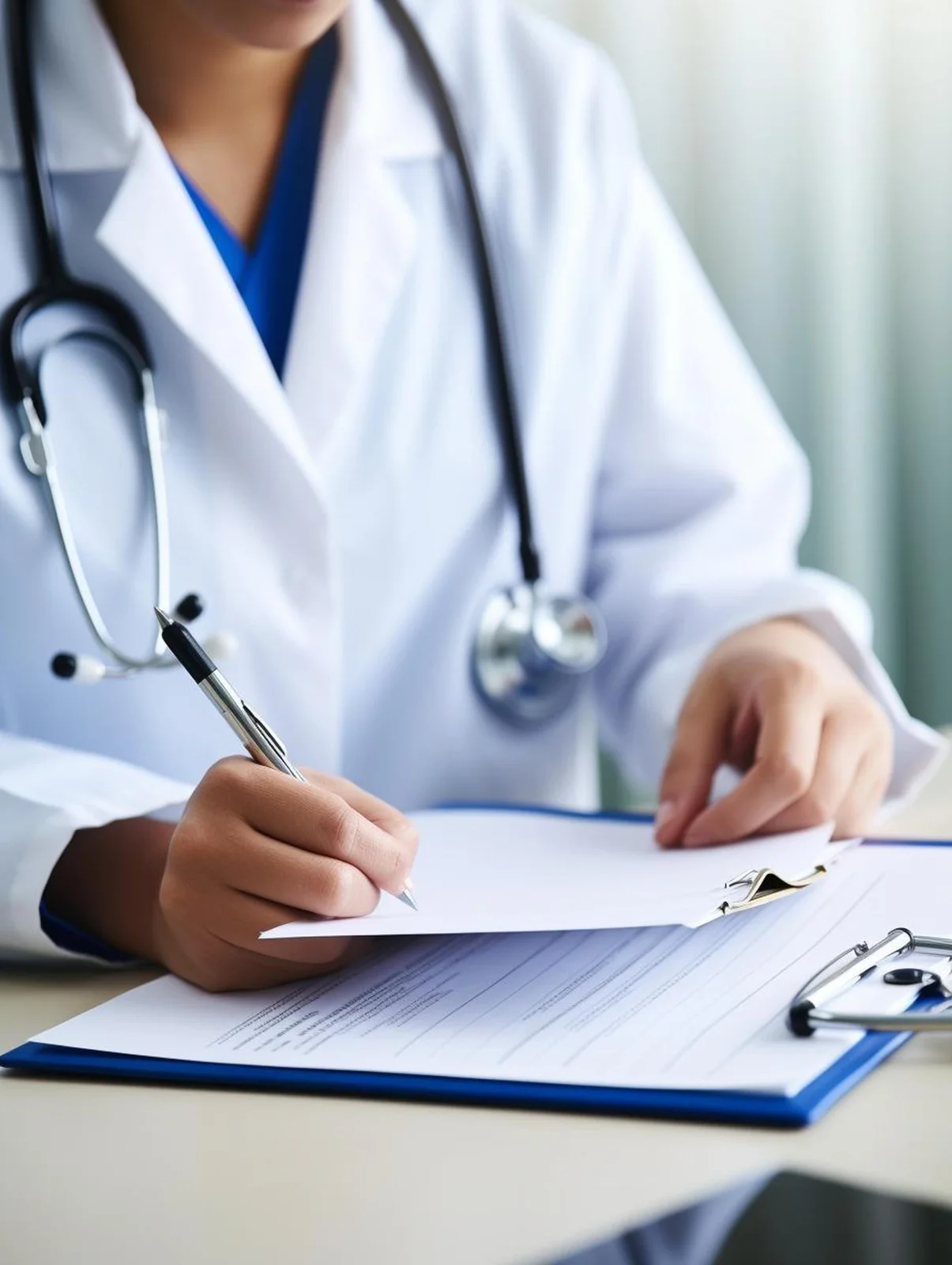 A clinician writing notes at a desk