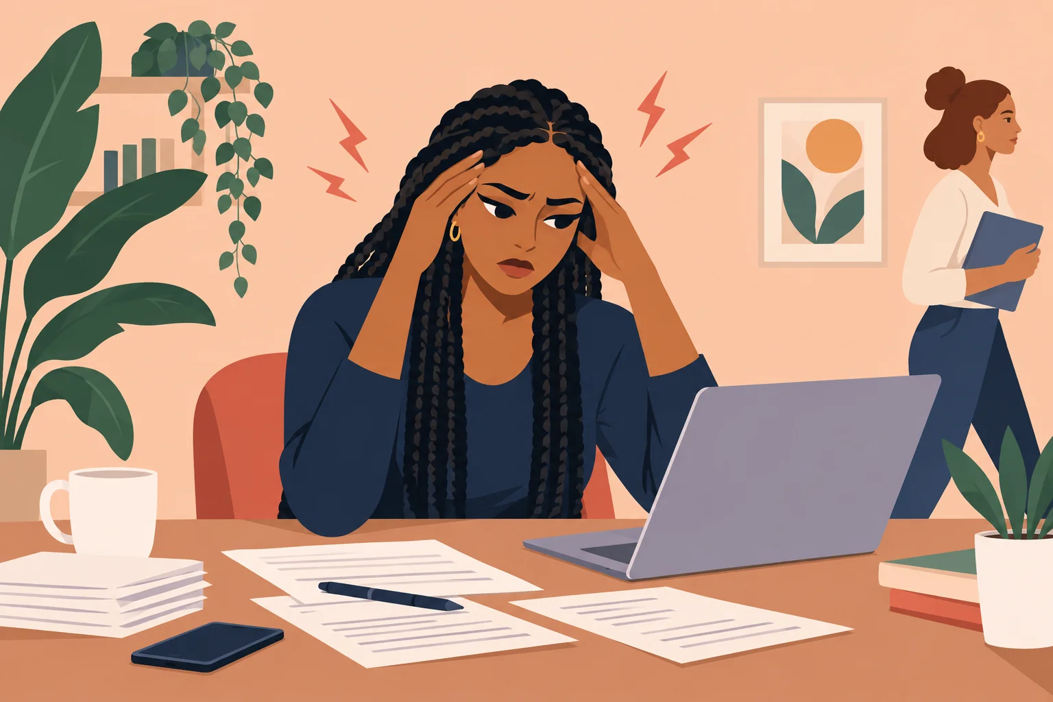 Illustration of a woman resting a hand against her aching head.
