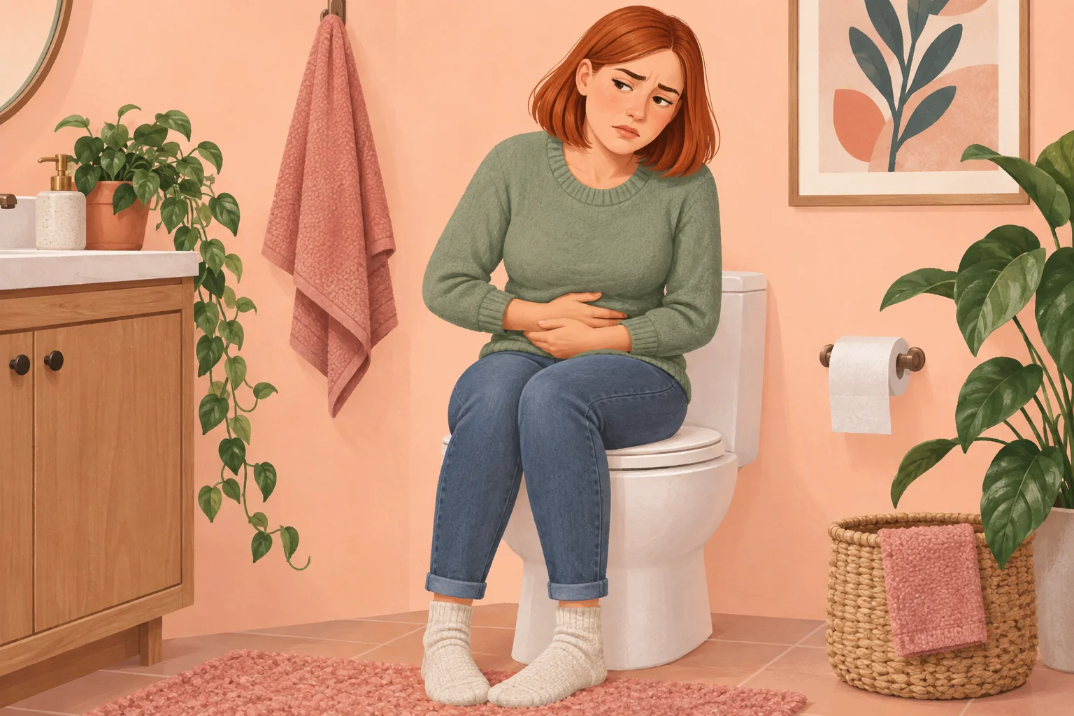 Illustration of a woman experiencing discomfort while sitting on a toilet.