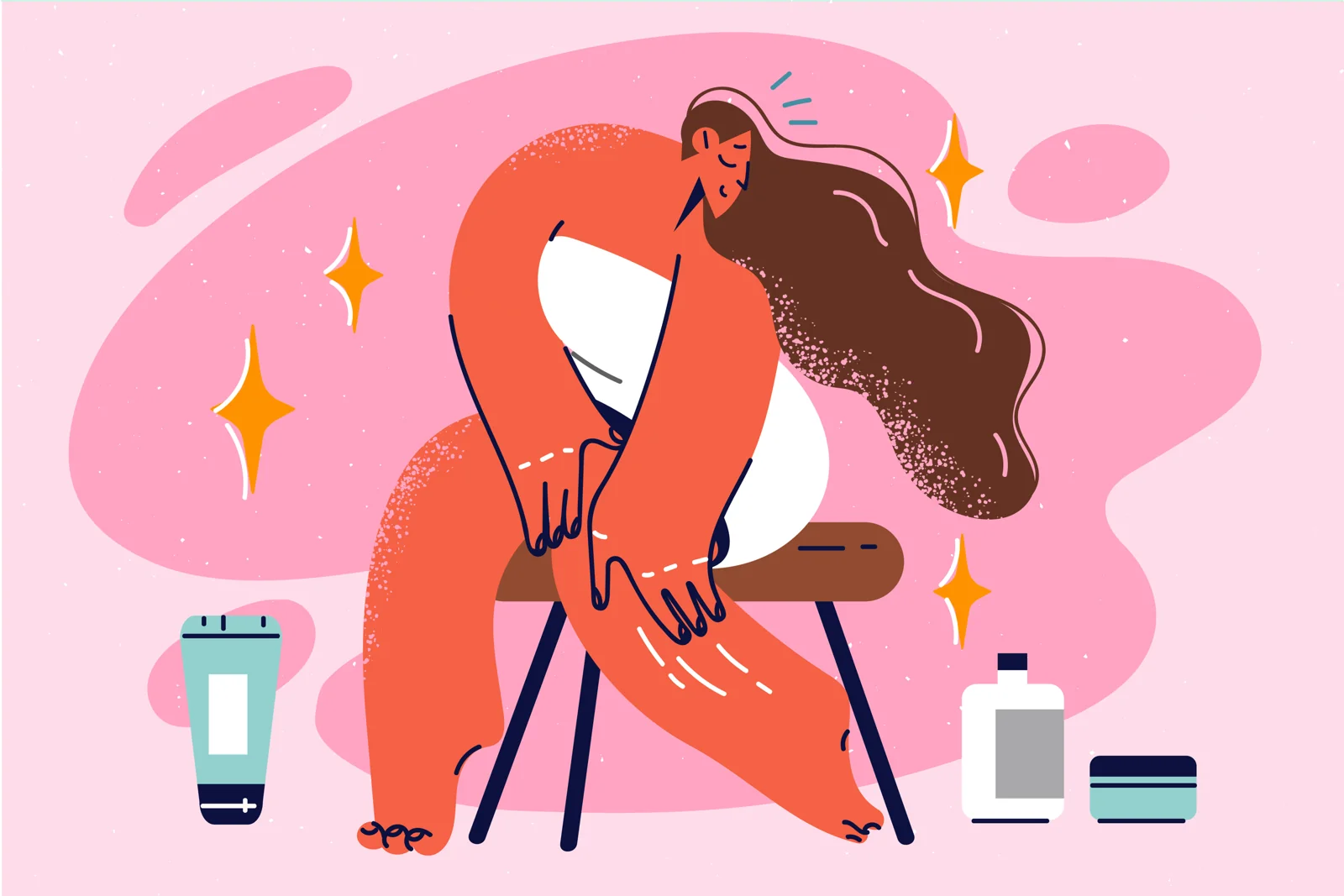 Illustration of a woman applying skin care while seated beside lotion containers.