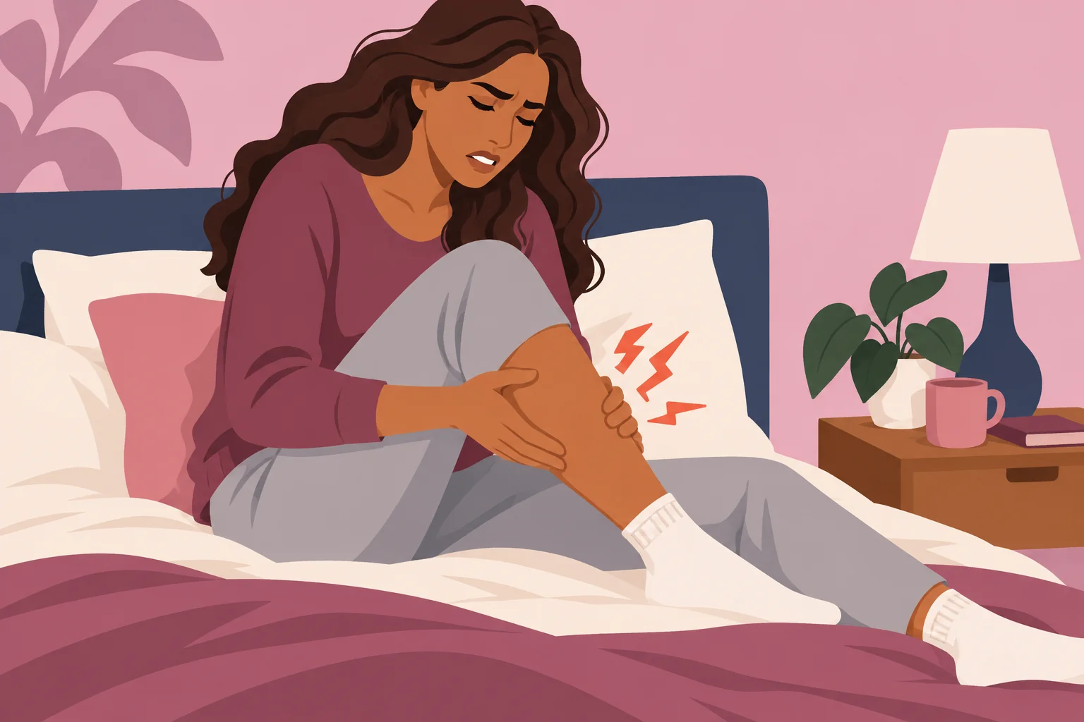 Illustration of a woman holding her calf during a leg cramp.