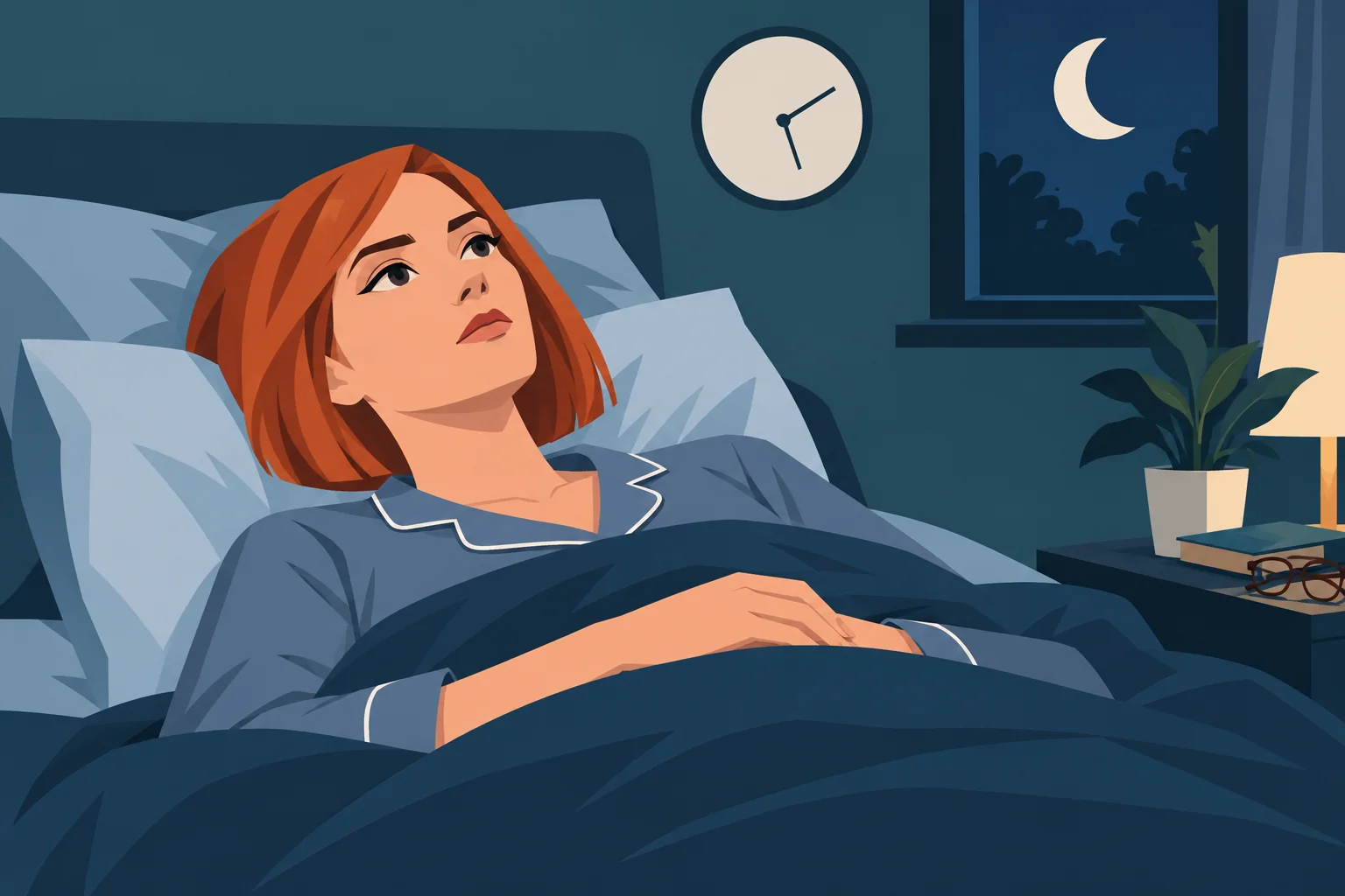 Illustration of a woman awake in bed at night.