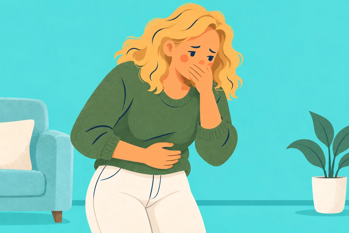 A woman covering her mouth while feeling nauseated