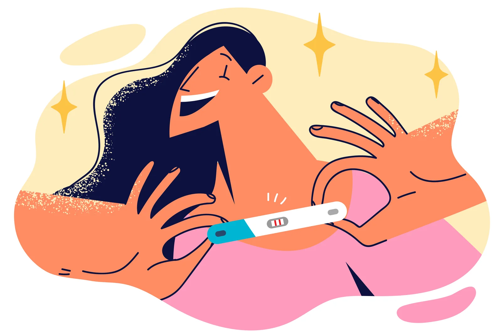 Illustration of a woman looking at a positive pregnancy test.