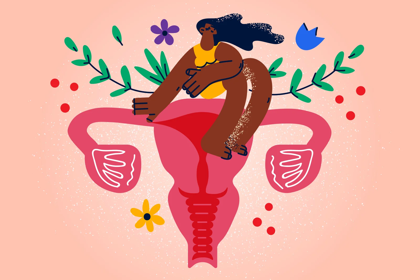 Illustration of a pregnant woman with a symbolic view of reproductive anatomy.