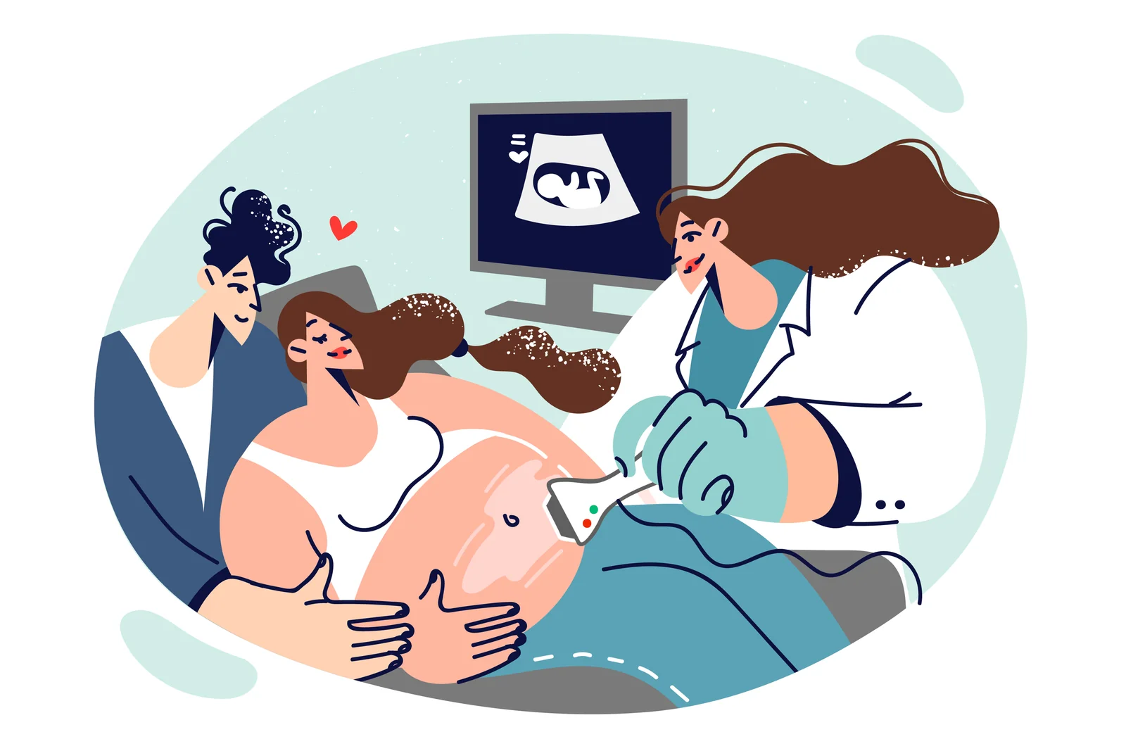 Illustration of a pregnant woman with her partner during an ultrasound appointment.