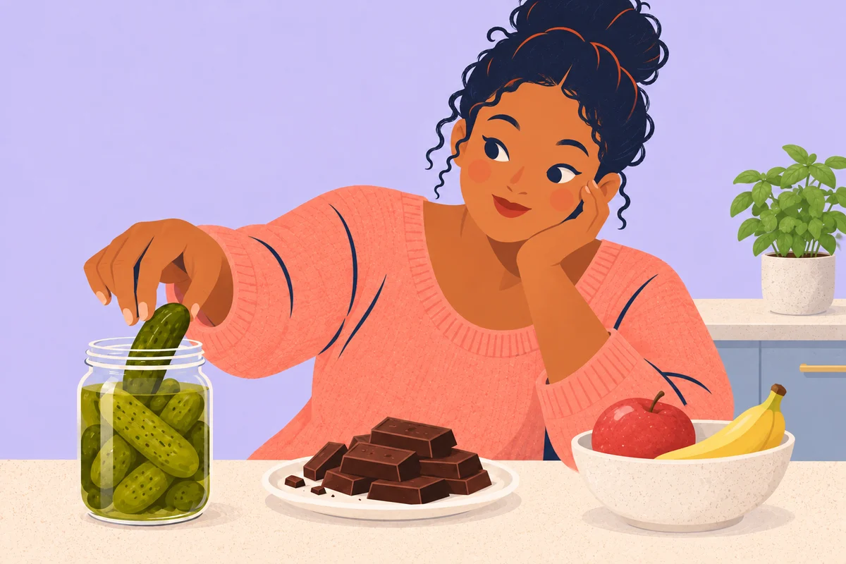 A woman reaching for pickles beside other foods
