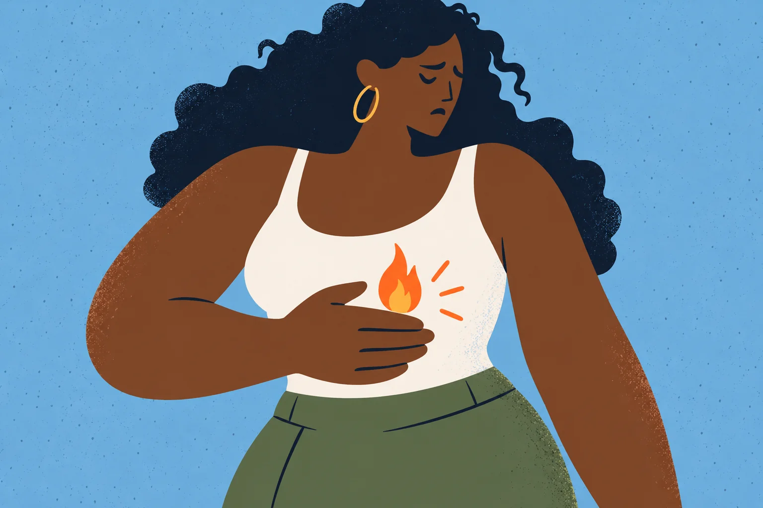 Illustration of a woman with a burning sensation in her upper chest.