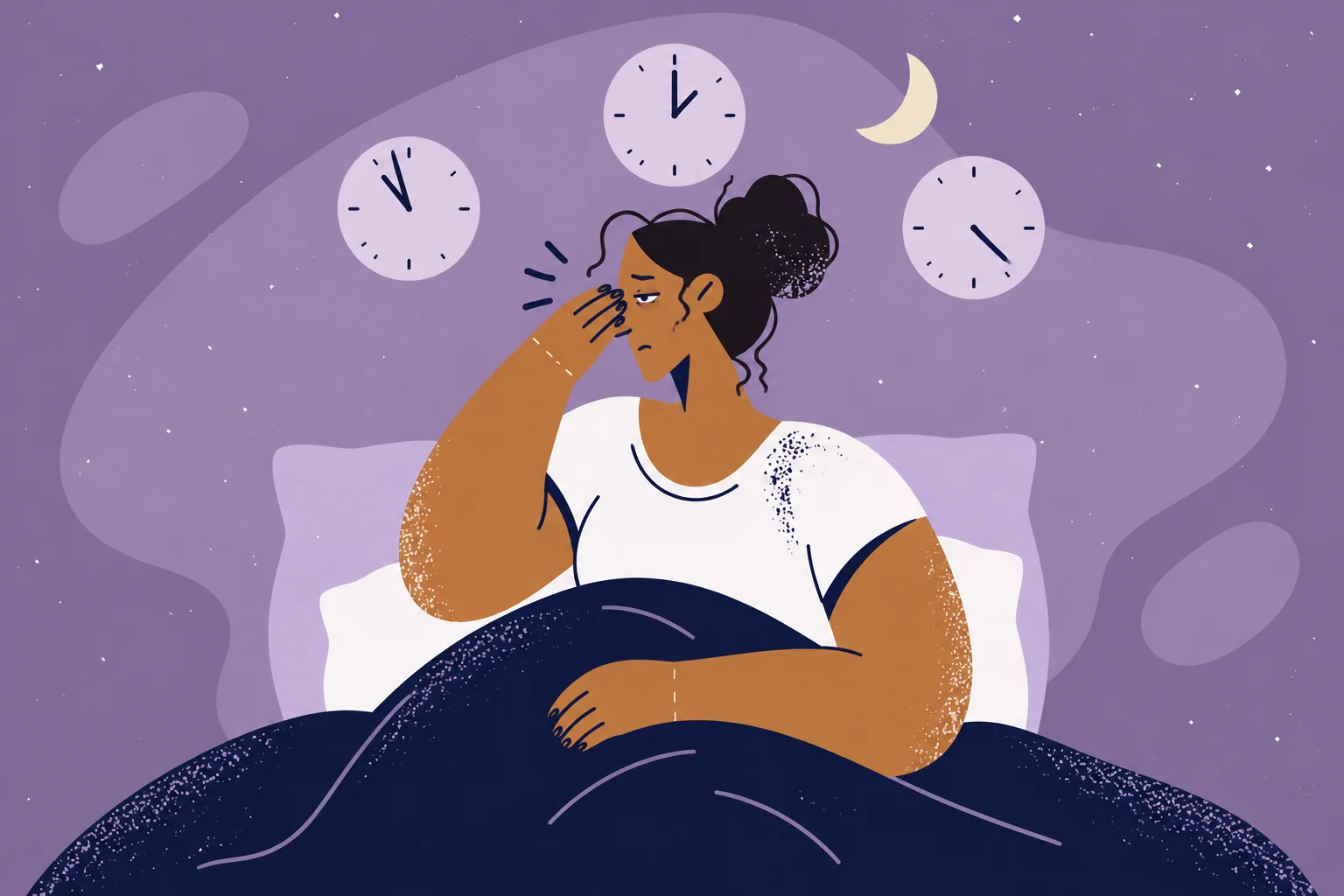 Illustration of a woman lying awake in bed at night.