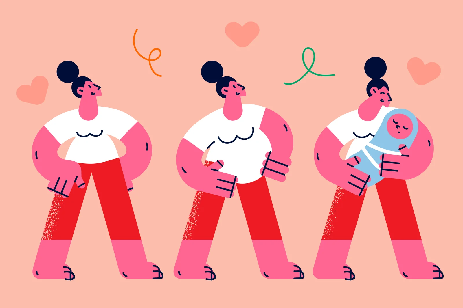 Illustration showing a woman before pregnancy, during pregnancy, and holding her baby.