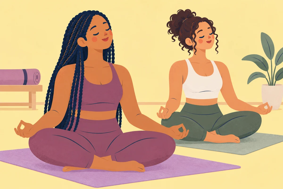 Two women practicing seated yoga together