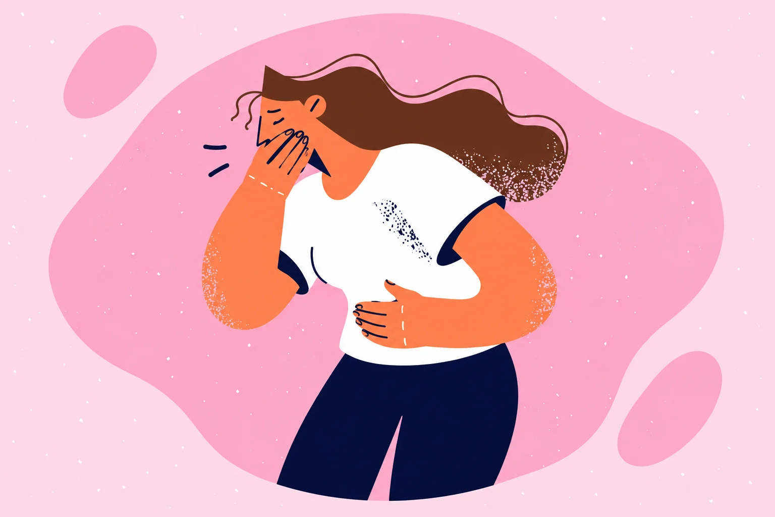Illustration of a woman feeling nauseated with a hand near her mouth.