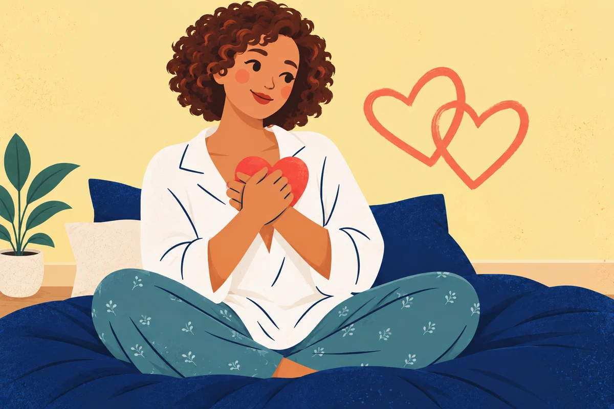 A woman holding a heart with symbols of affection beside her