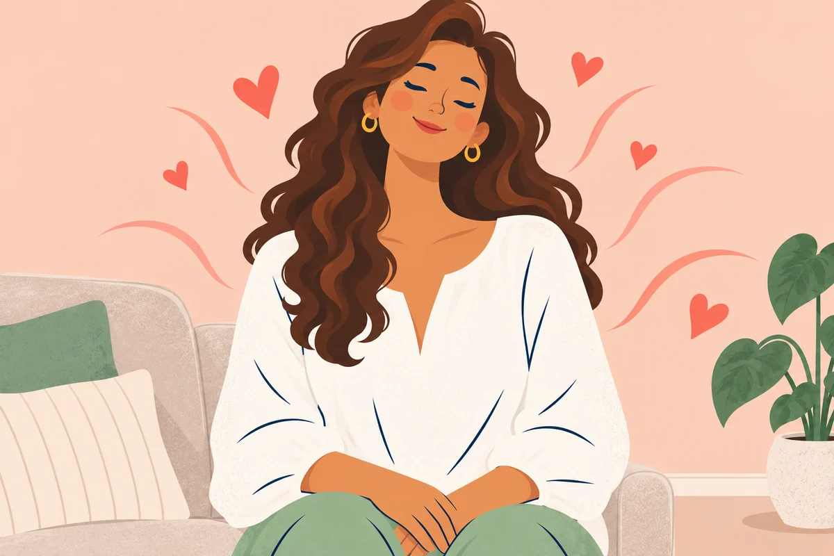 A relaxed woman sitting with heart symbols around her