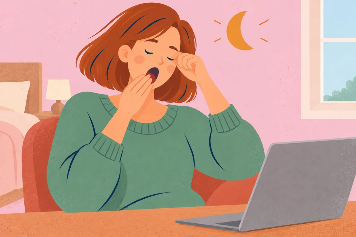 A woman yawning beside a laptop