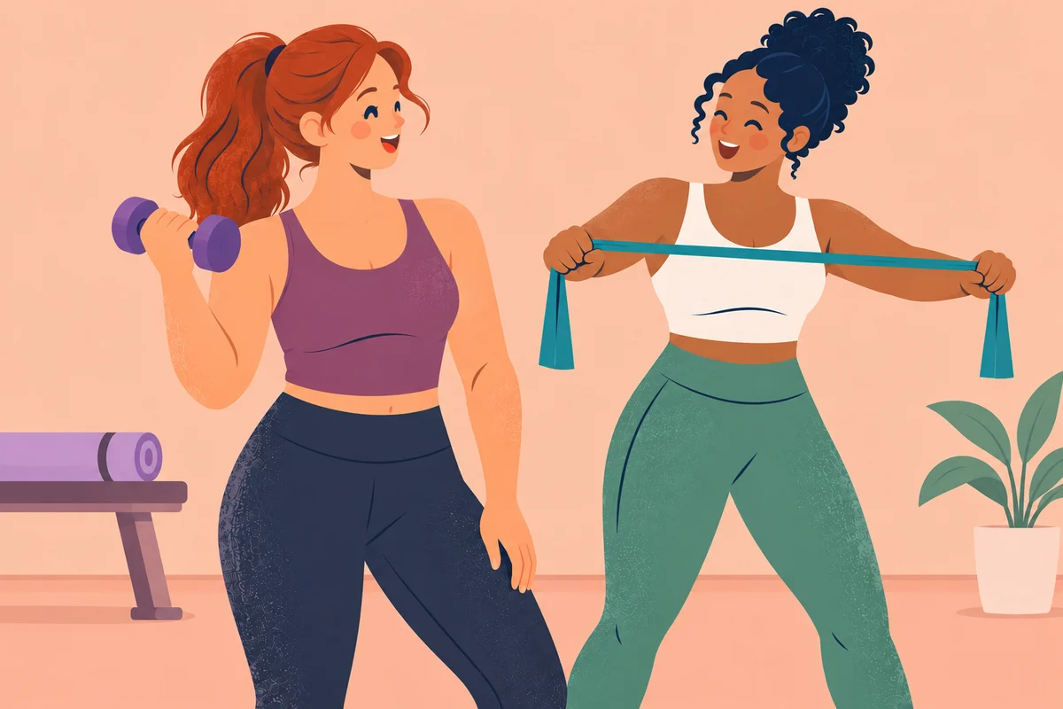 Two women exercising with a dumbbell and resistance band