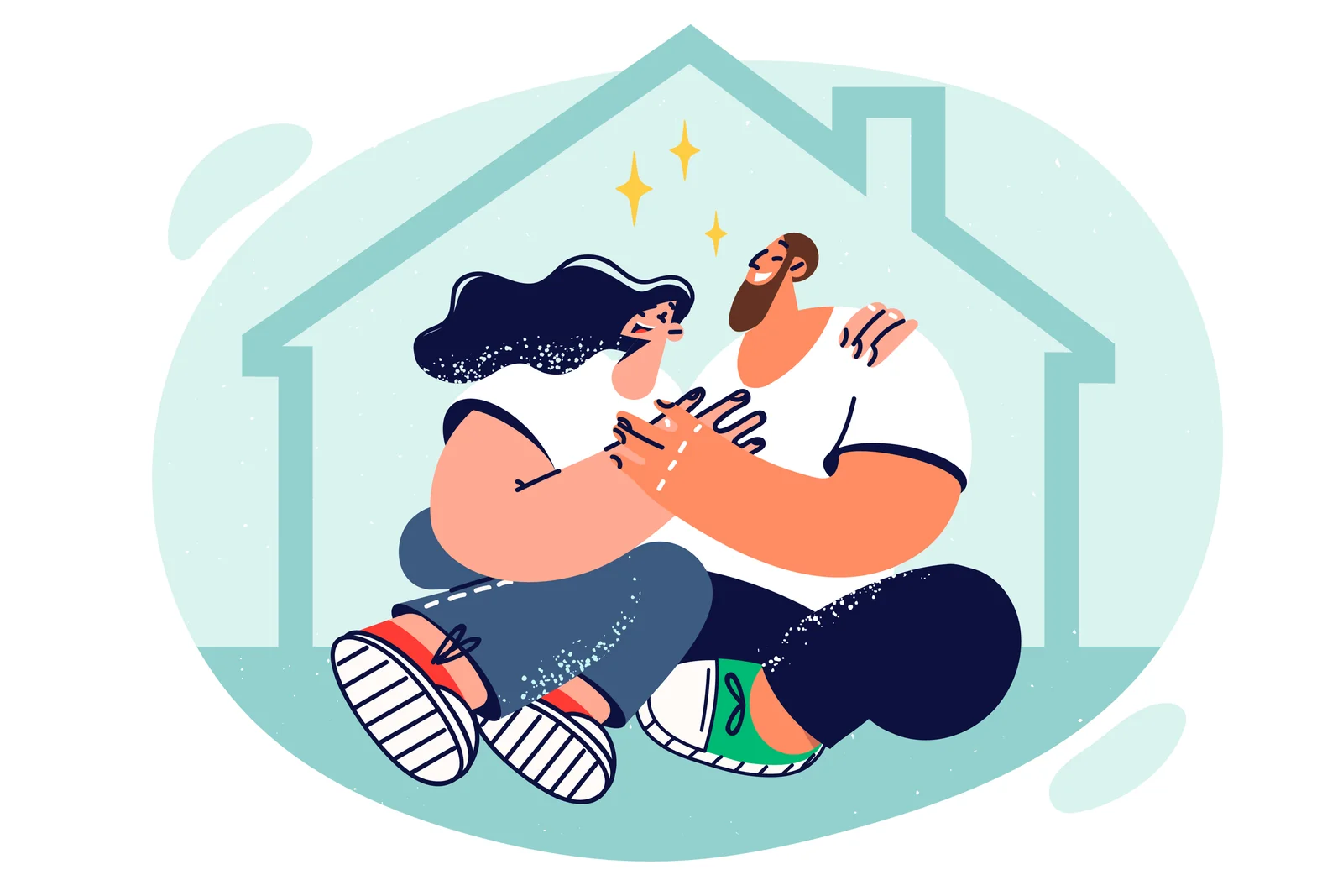 Illustration of a couple embracing at home.