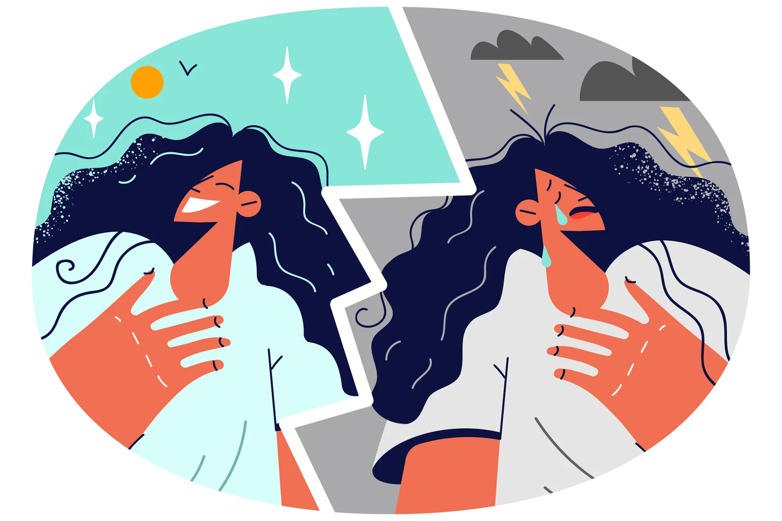 Illustration showing a woman experiencing contrasting emotions.