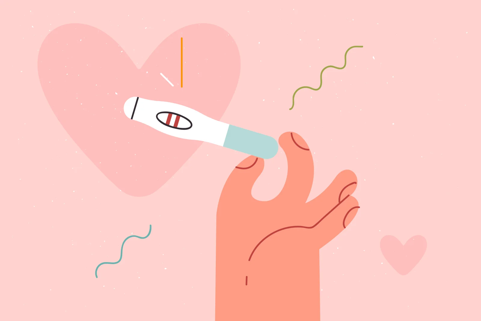 Illustration of a hand holding a pregnancy test.