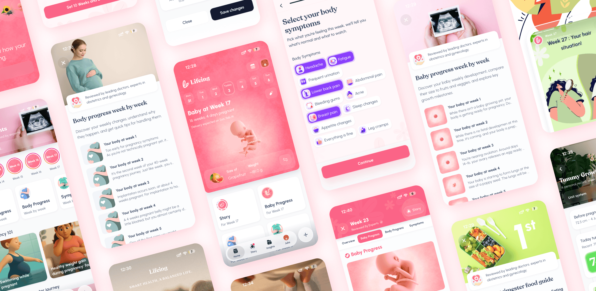 Lifeing app cover showing pregnancy progress, symptom logging and weekly stories